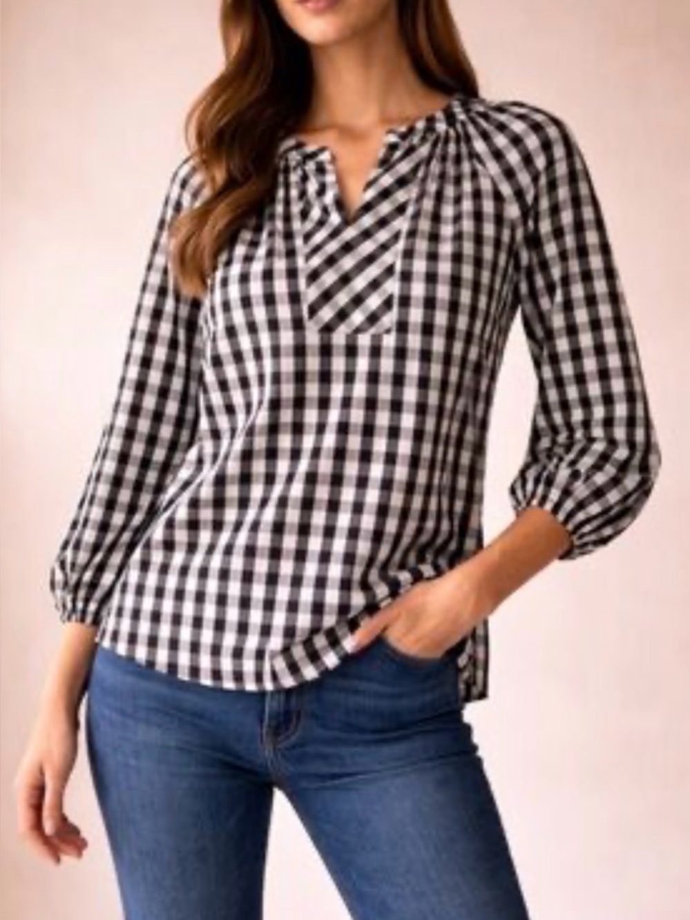 Chico’s Black & White Gingham Popover Cotton Blouse Drama Sleeve Top Size 0